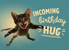 Houten kaart verjaardag man vrouw tiener Incoming birthday hug kat